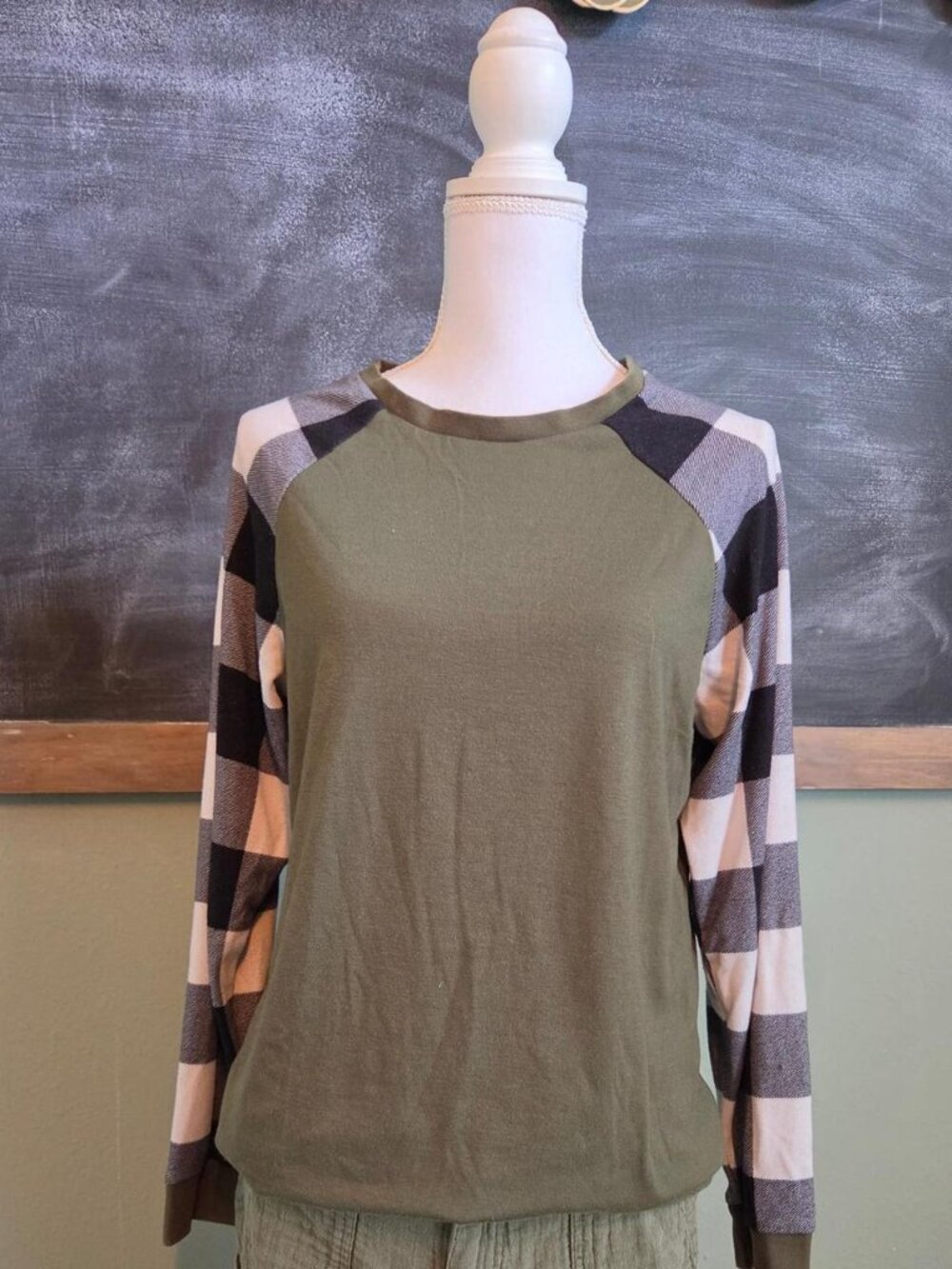 Olive Green Shirt with Black and White Check sleeves Size MED